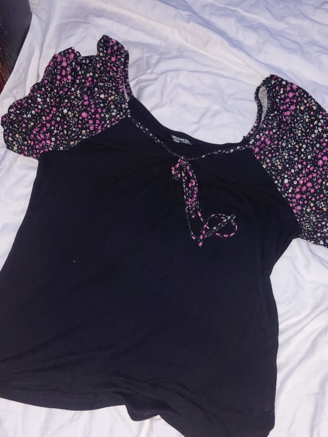Bloomchic Black Top With Pink Floral Puff Sleeves
